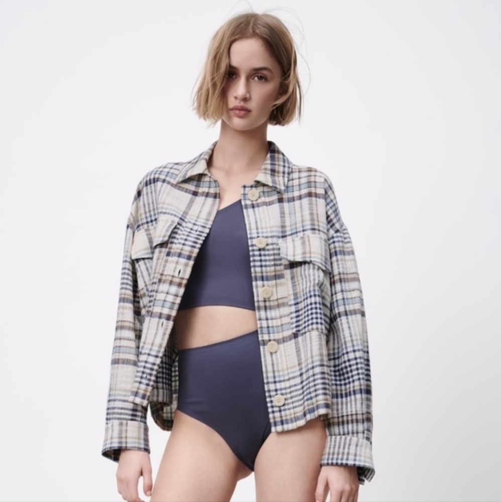 🔥ZARA Blue/Tan/Beige‎ Plaid Cropped Oversized Boxy Shacket/Top Women's SZ XS-M